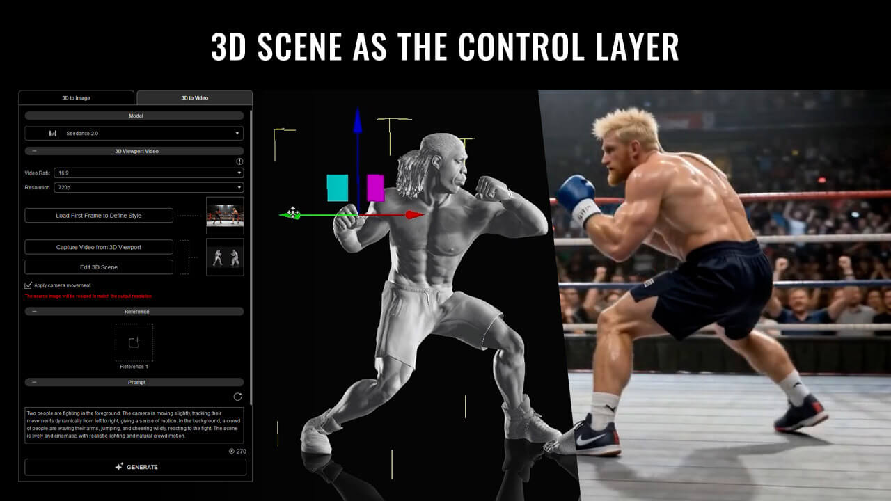 Comparação entre cena 3D de referência e vídeo final gerado por IA