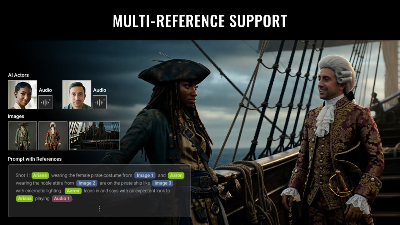 Cena de piratas gerada com referências de atores imagens e áudio