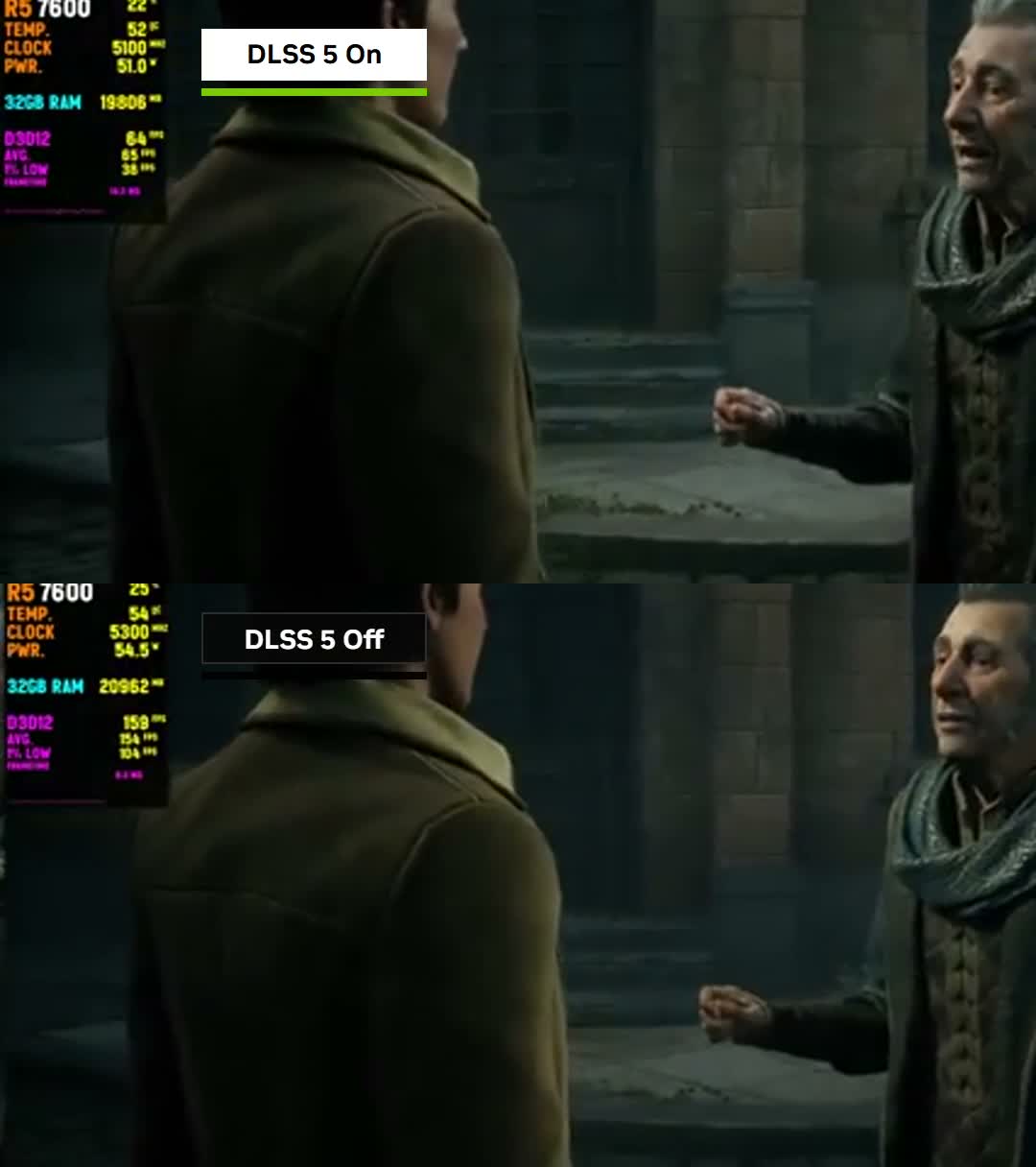 Comparação lado a lado de um professor em Hogwarts Legacy.