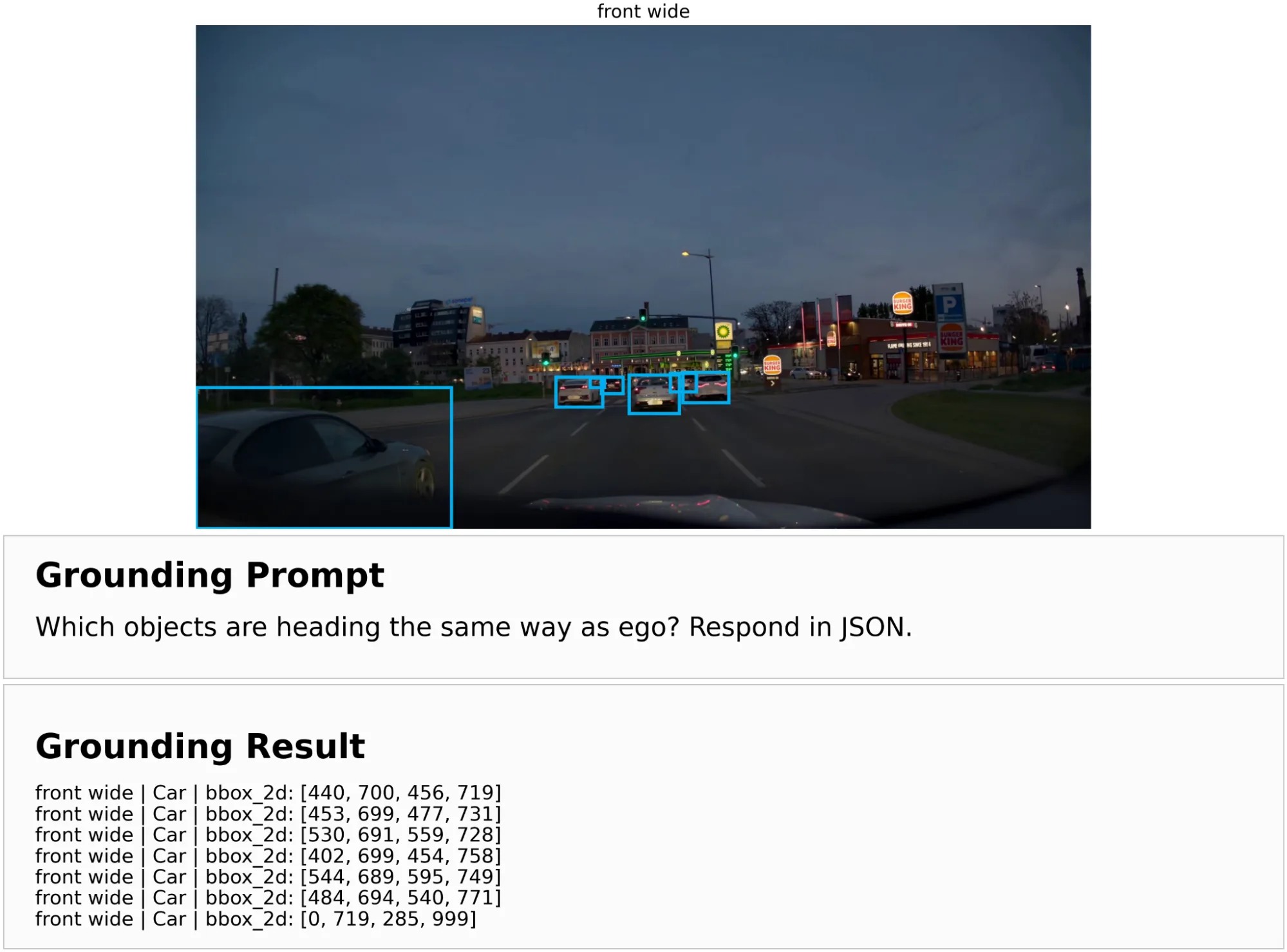 A camera frame with bounding boxes drawn around referenced vehicles, alongside the model’s structured output showing the