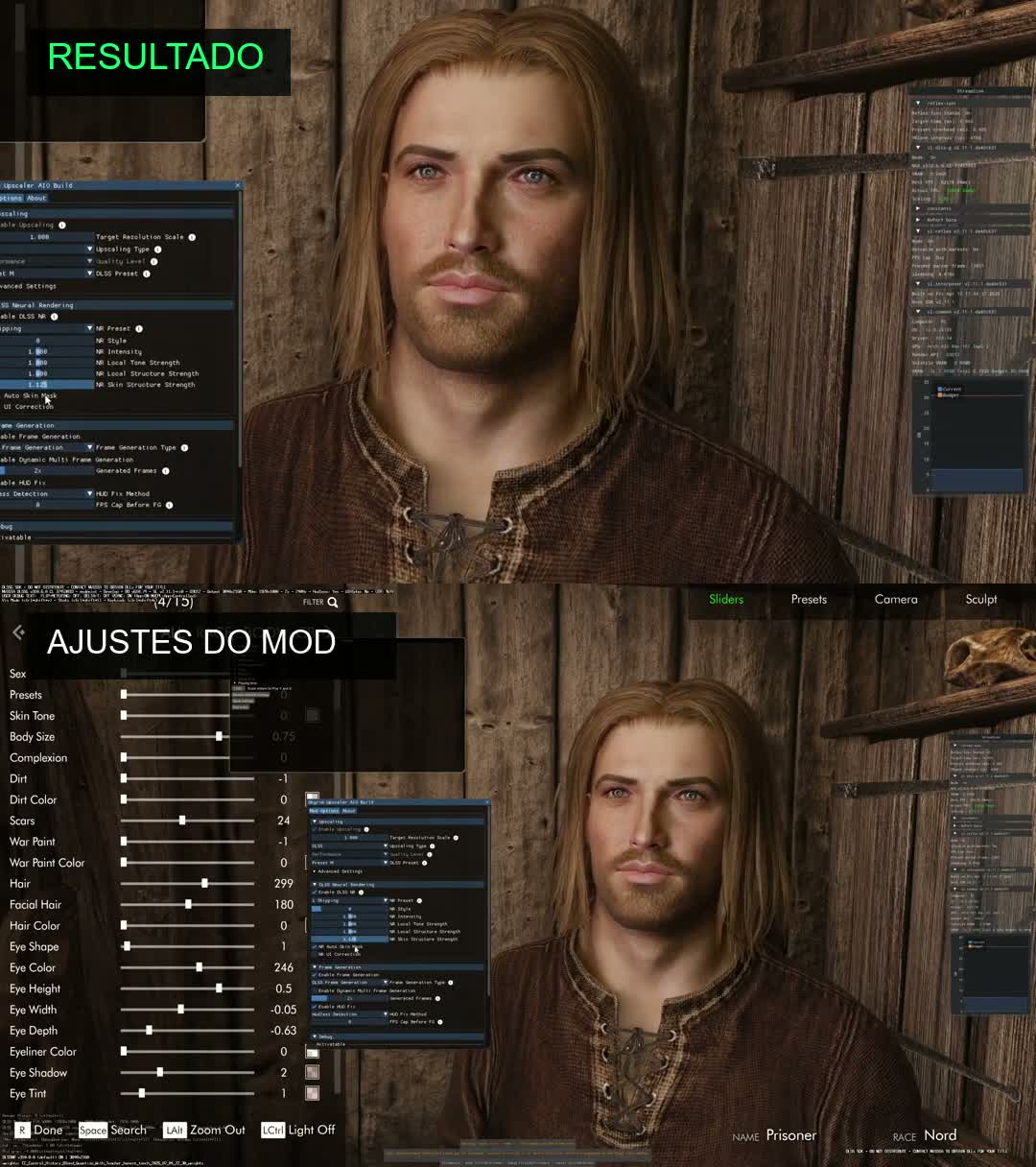 Rosto no criador de personagens de Skyrim com controles do mod visíveis.