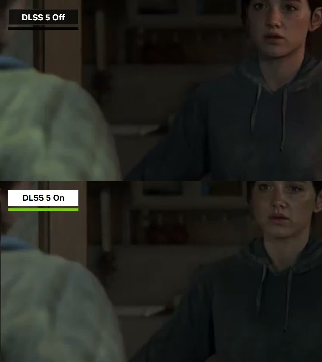 Comparativo lado a lado do rosto de Ellie com e sem o processamento.