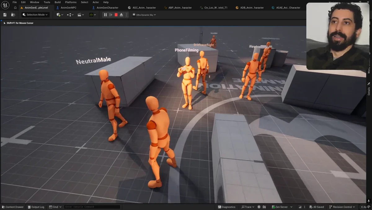 Demonstração do AnimGen com personagens executando animações contextuais na Unreal Engine