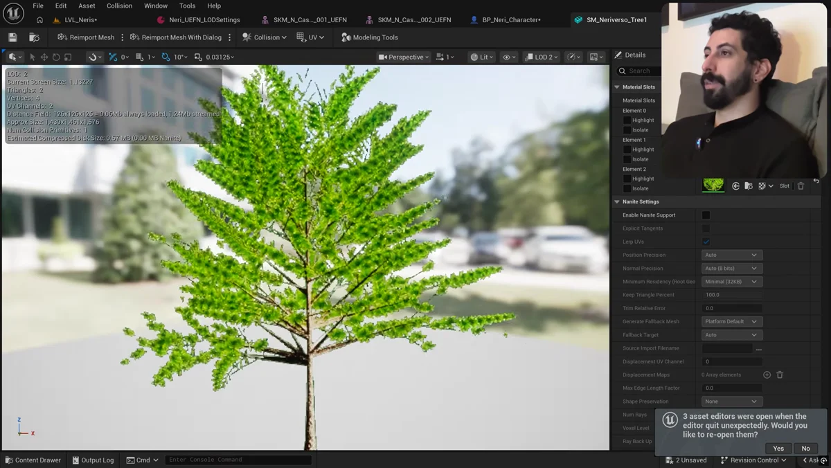 Árvore em diferentes níveis de detalhe na Unreal Engine