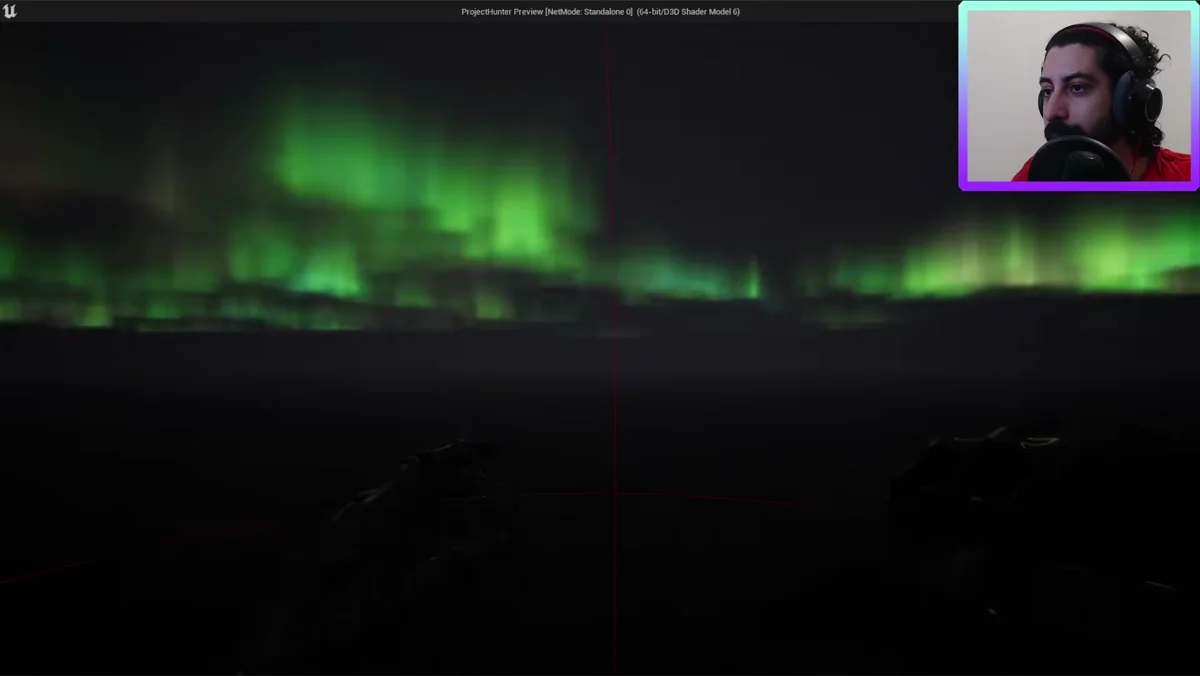 Aurora e particulas atmosfericas combinadas em cena da Unreal Engine