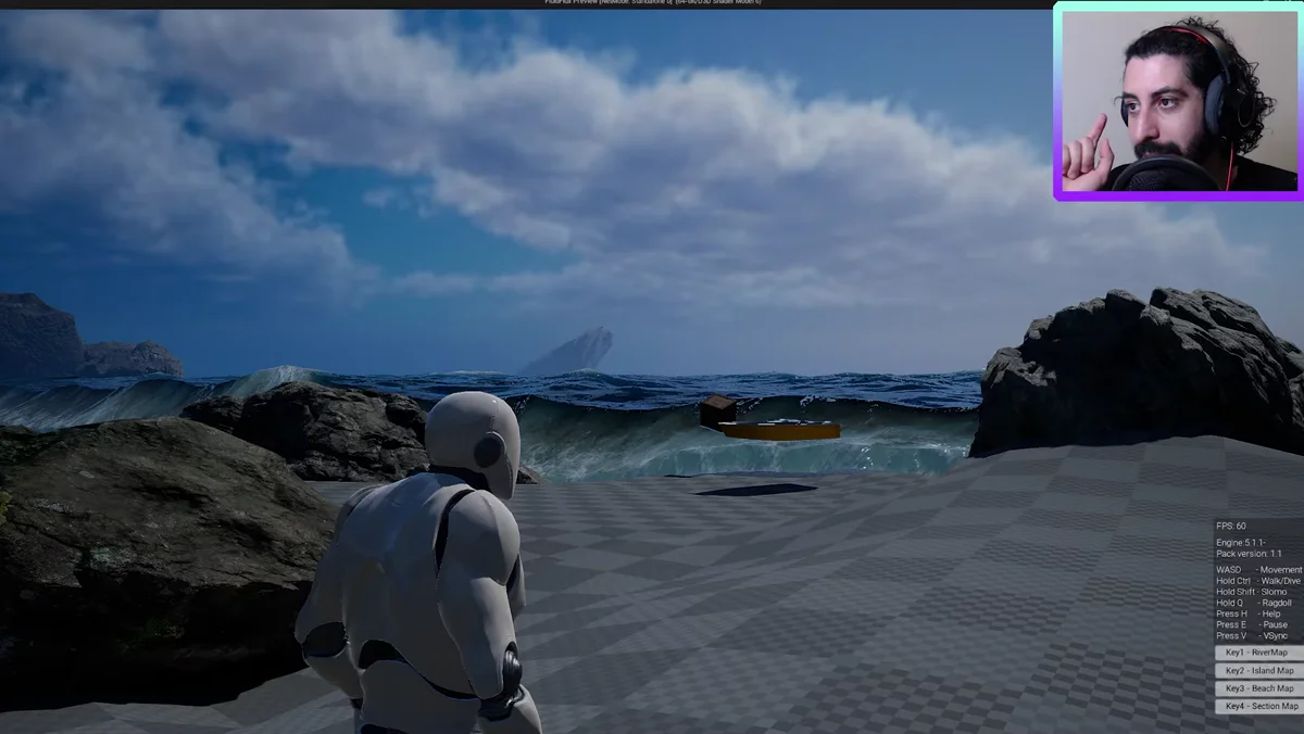 Barco flutuando em mar simulado por física na Unreal Engine