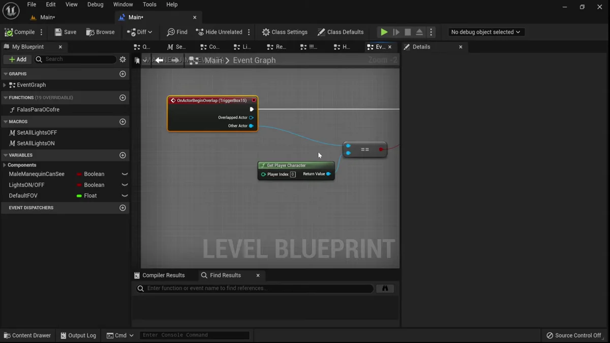 Blueprint com logica para controlar jogador e iniciar cutscene