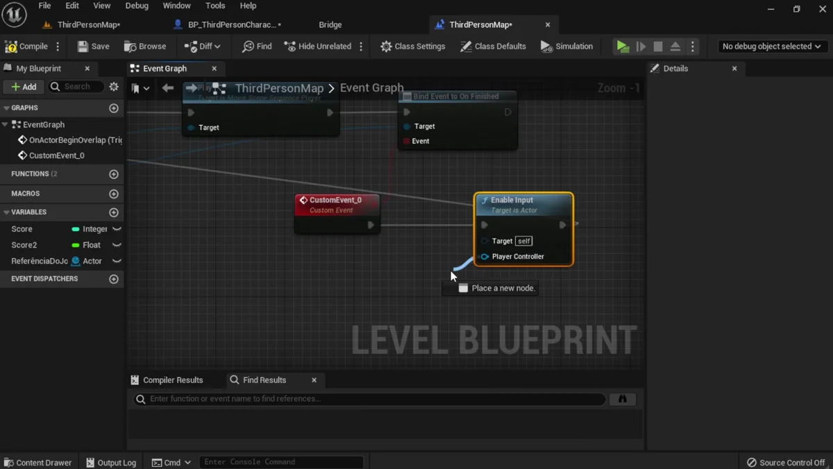 Blueprint da Unreal Engine disparando uma cutscene por trigger