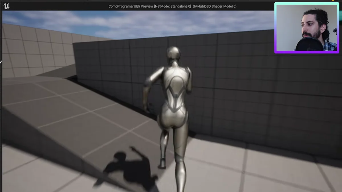 Blueprint de personagem no Unreal Engine 5 durante um teste de gameplay