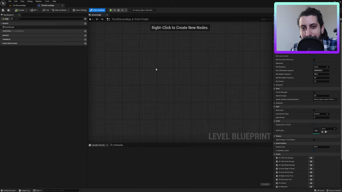 Editor de Blueprints no Unreal Engine 5 com blocos conectados