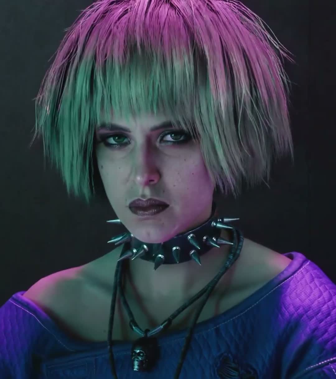Rosto de personagem sob iluminação dramática em Cyberpunk 2077.