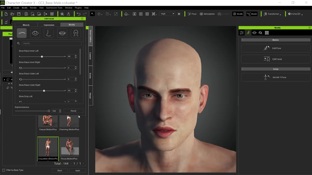 Painel de morphs faciais no Character Creator