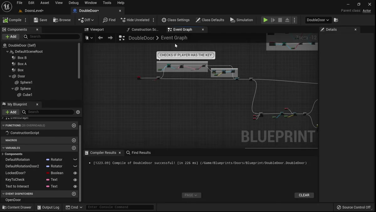 Cena de teste em primeira pessoa com portas em um mapa da Unreal Engine