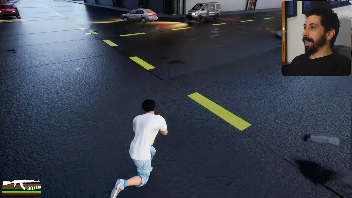Rua urbana com postes, carros e clima dinâmico na Unreal Engine
