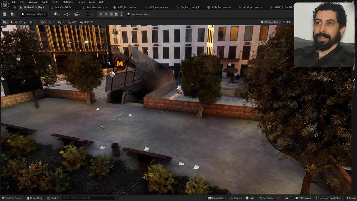 Cenário urbano da Unreal Engine usado para testar NPCs com animações do AnimGen