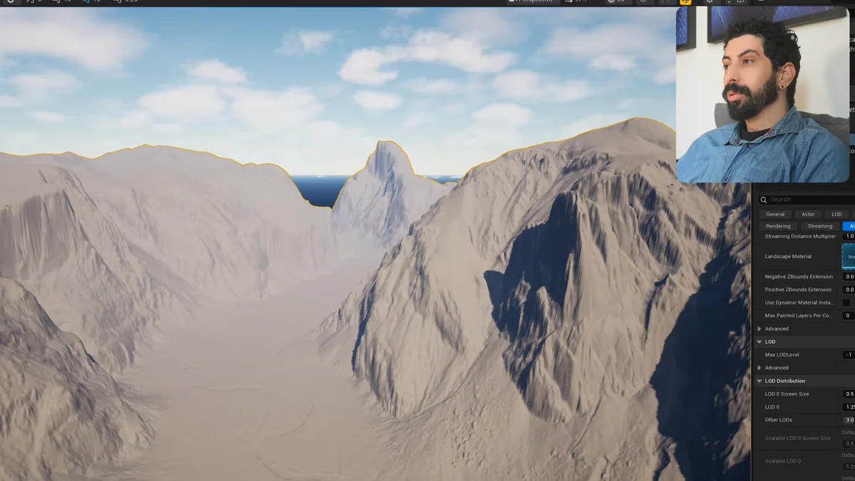 Terreno montanhoso na Unreal Engine com área definida por coordenadas