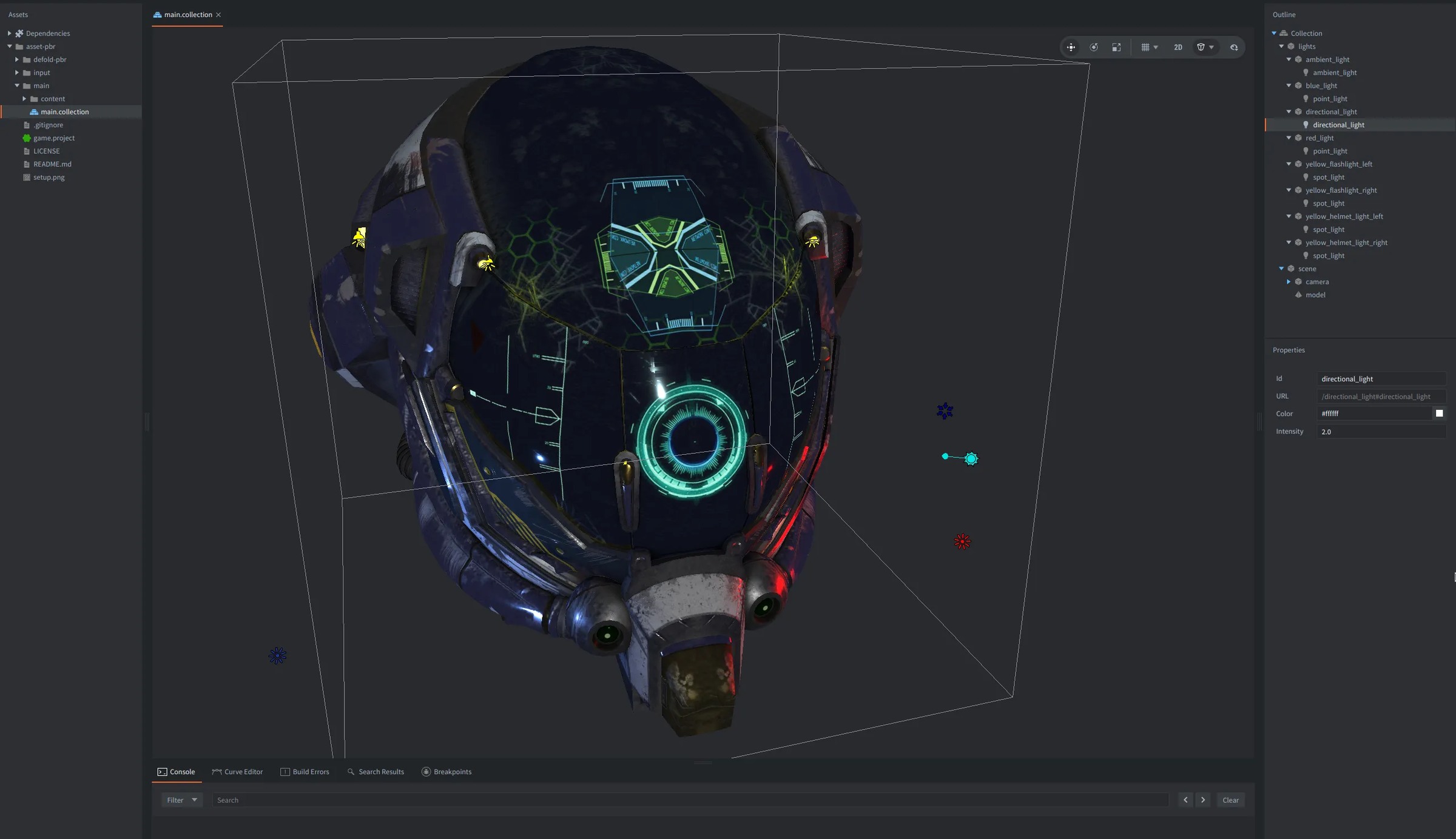 Light components in the editor in the Defold PBR assets project