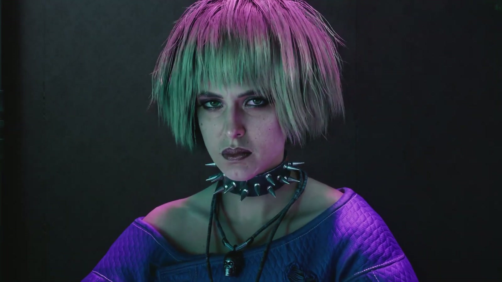 Personagem de Cyberpunk 2077 sob iluminação colorida com Neural Rendering experimental.