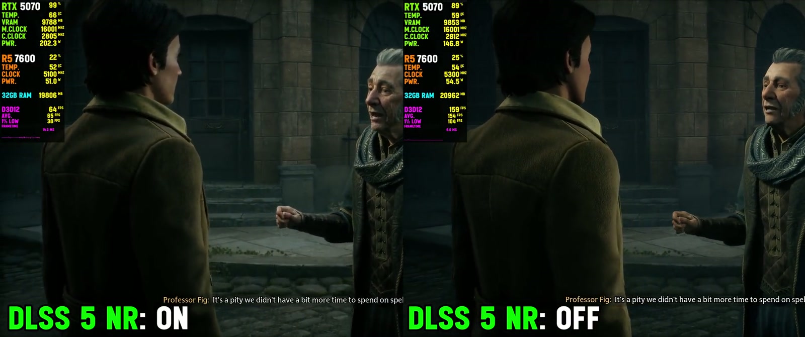 Hogwarts Legacy comparado com o Neural Rendering ligado e desligado.