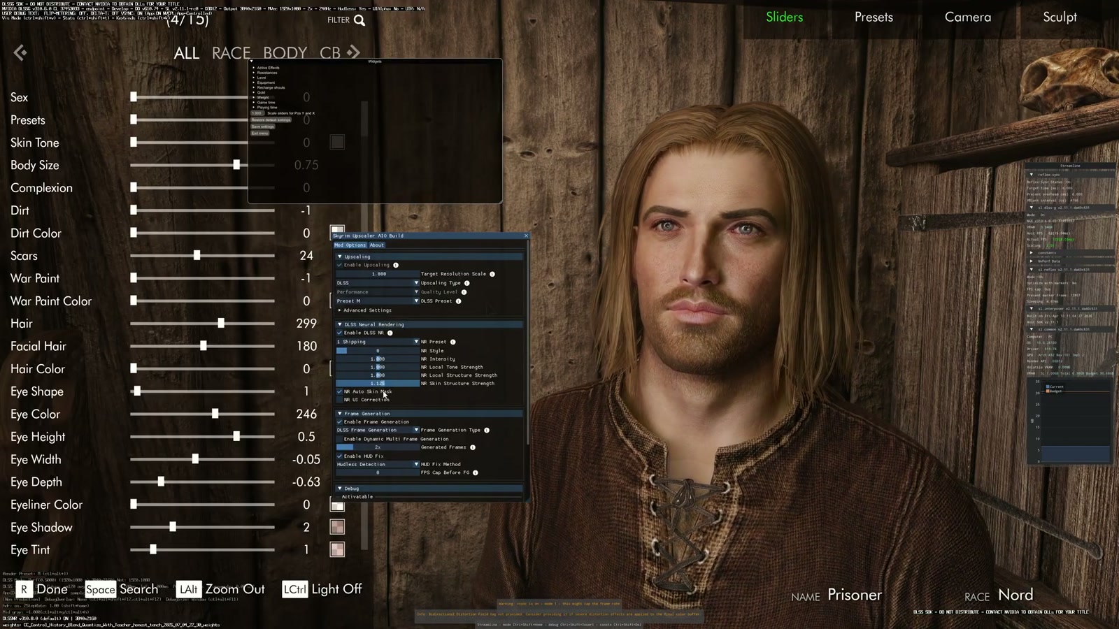 Criador de personagens de Skyrim com os controles experimentais de Neural Rendering visíveis.