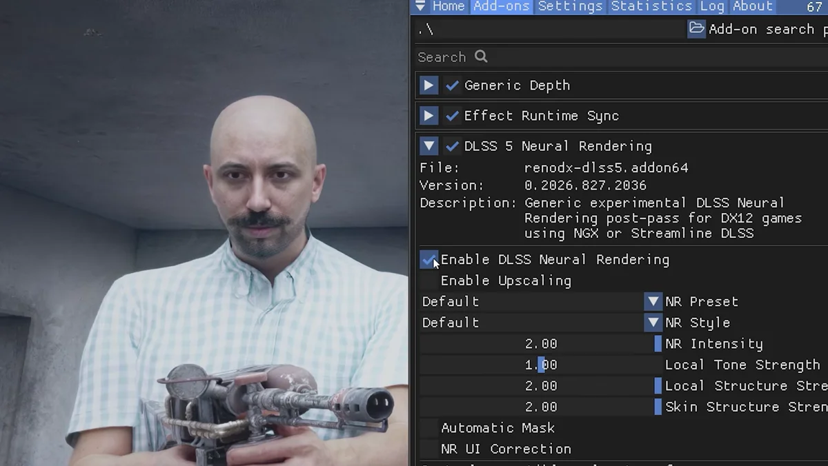 Personagem em jogo com controles de renderização neural visíveis na tela
