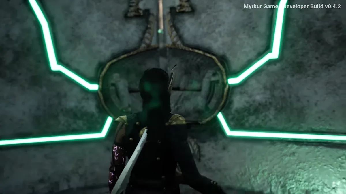 Caverna iluminada em Echoes of the End com materiais emissivos