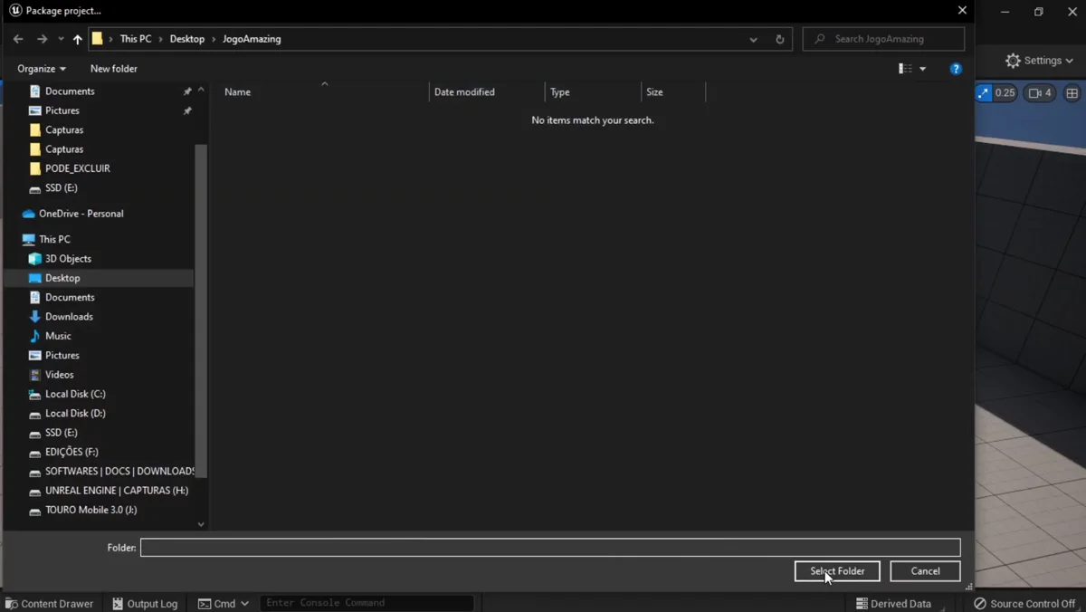 Opção de exportação de jogo para Windows na Unreal Engine