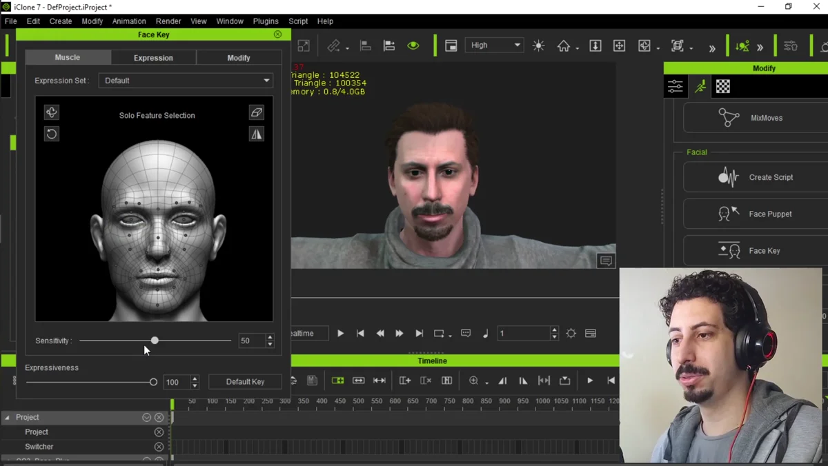 Ferramenta FacePuppet ajustando expressões faciais de um personagem no iClone