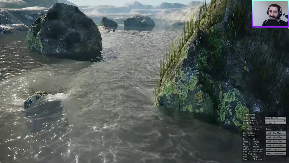 Rio do FluidFlux com correntezas e obstáculos no Unreal Engine