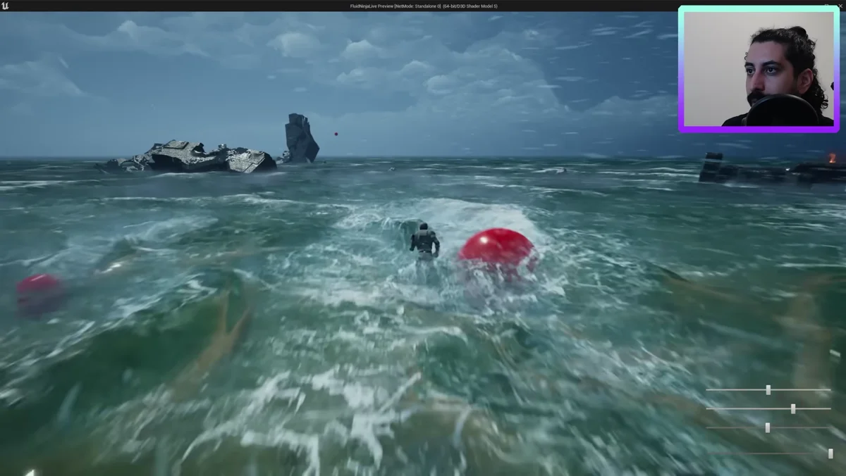 Cenário com simulação de fluidos no FluidNinja para Unreal Engine 5