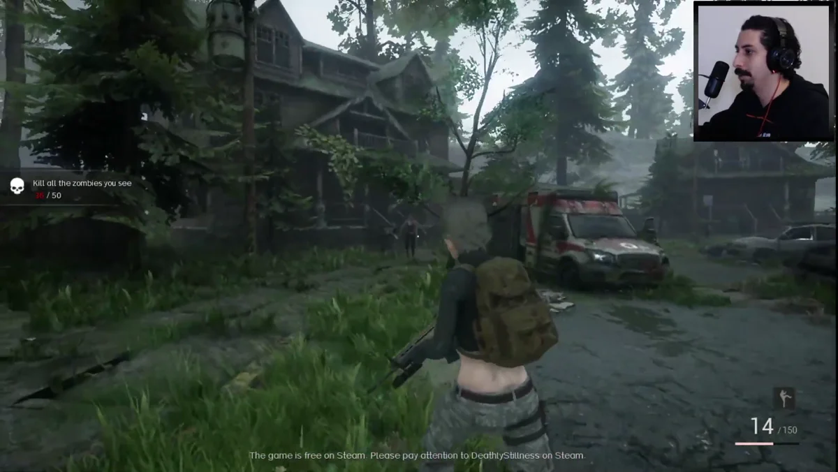 Gameplay de combate contra zumbis em cenario de terror