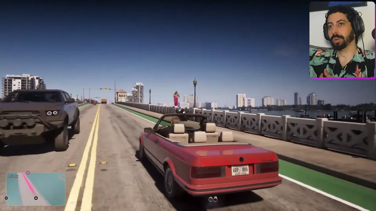Trânsito e vegetação de GTA 6 vistos à distância na cidade