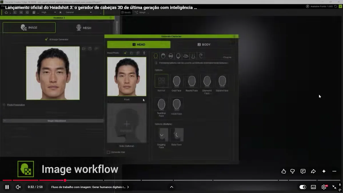 Personagem 3D criado pelo Headshot 3 com controles de correspondência facial