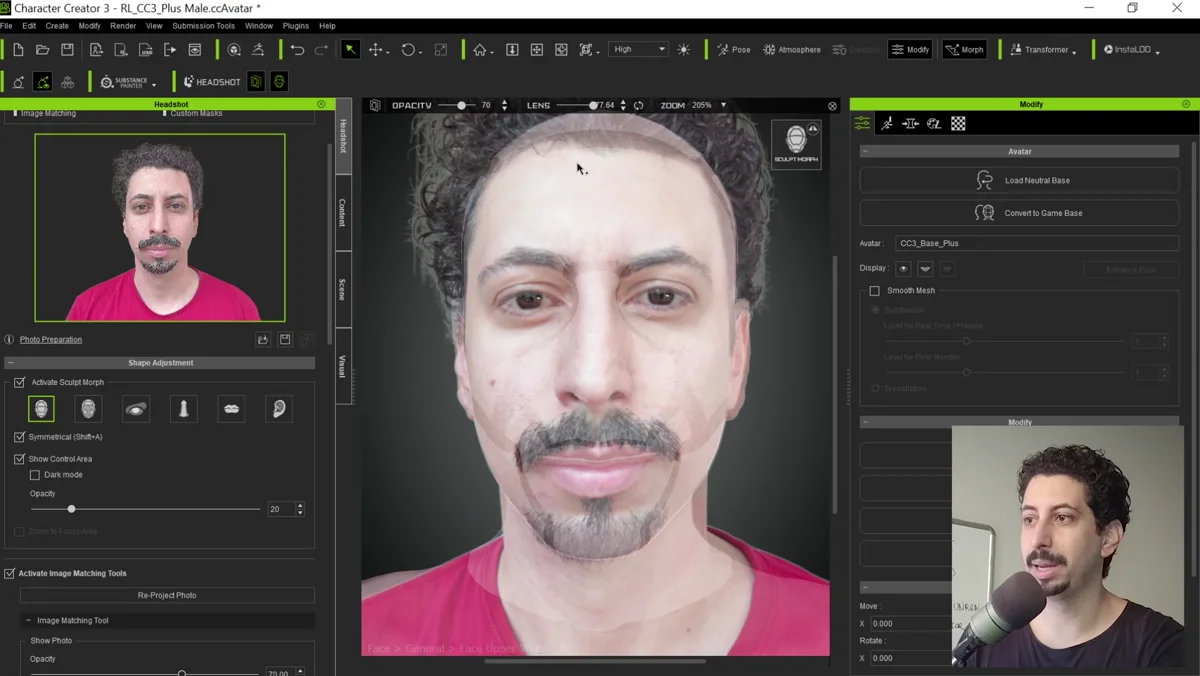 Ferramentas do Headshot Pro para ajustar o rosto de um personagem digital