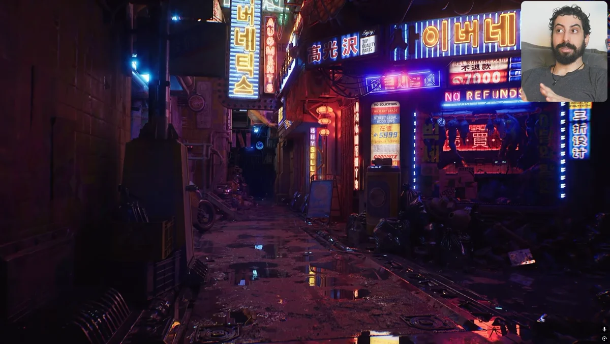 Cena com reflexos neon usada para demonstrar Lumen Ref na Unreal Engine 6
