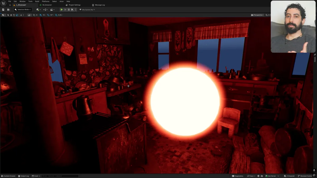 Cena da Unreal Engine banhada por luz vermelha gerada por material emissivo