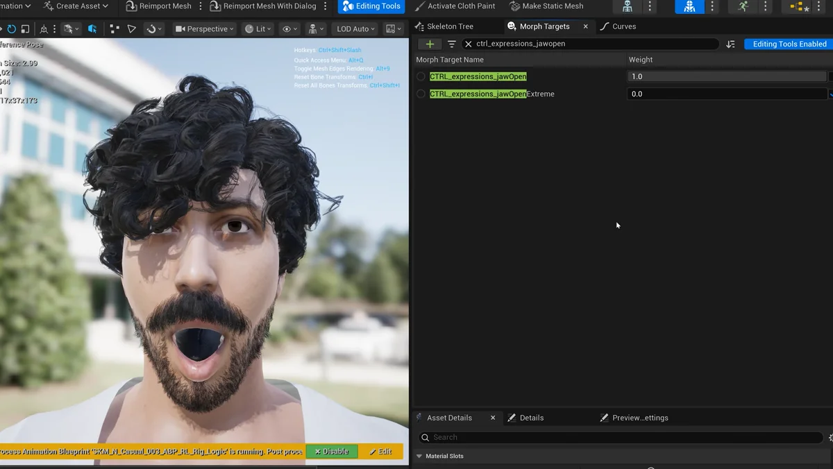 Malha facial do personagem sendo deformada para abrir a boca