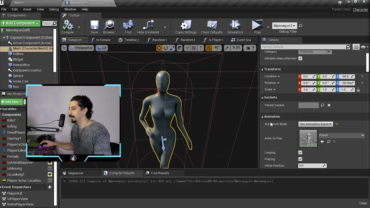 Blueprint do manequim com poses usadas na mecânica de terror