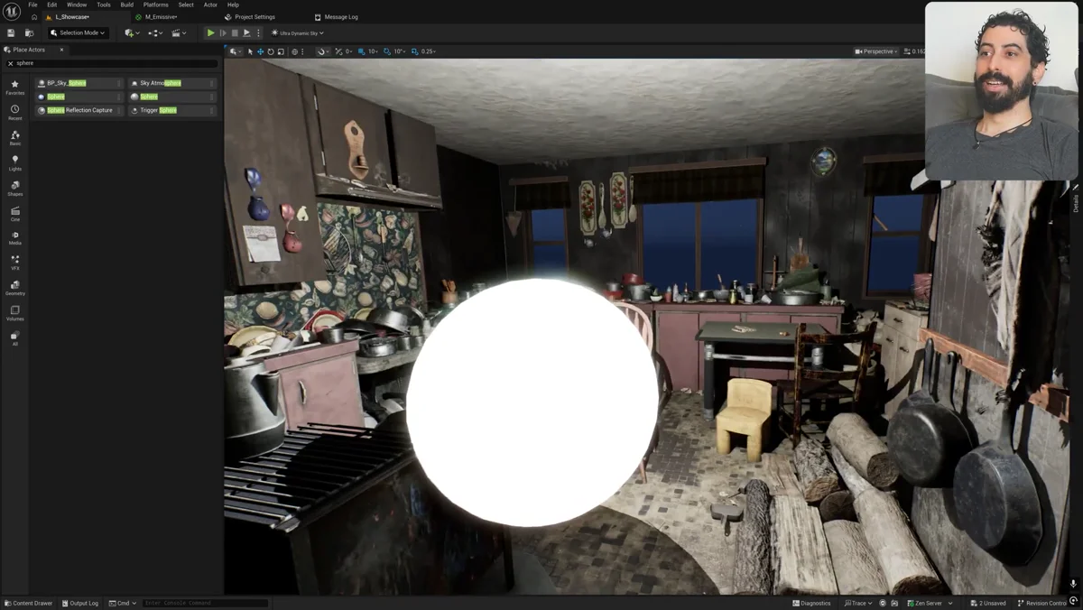 Esfera com material emissivo iluminando uma cena na Unreal Engine