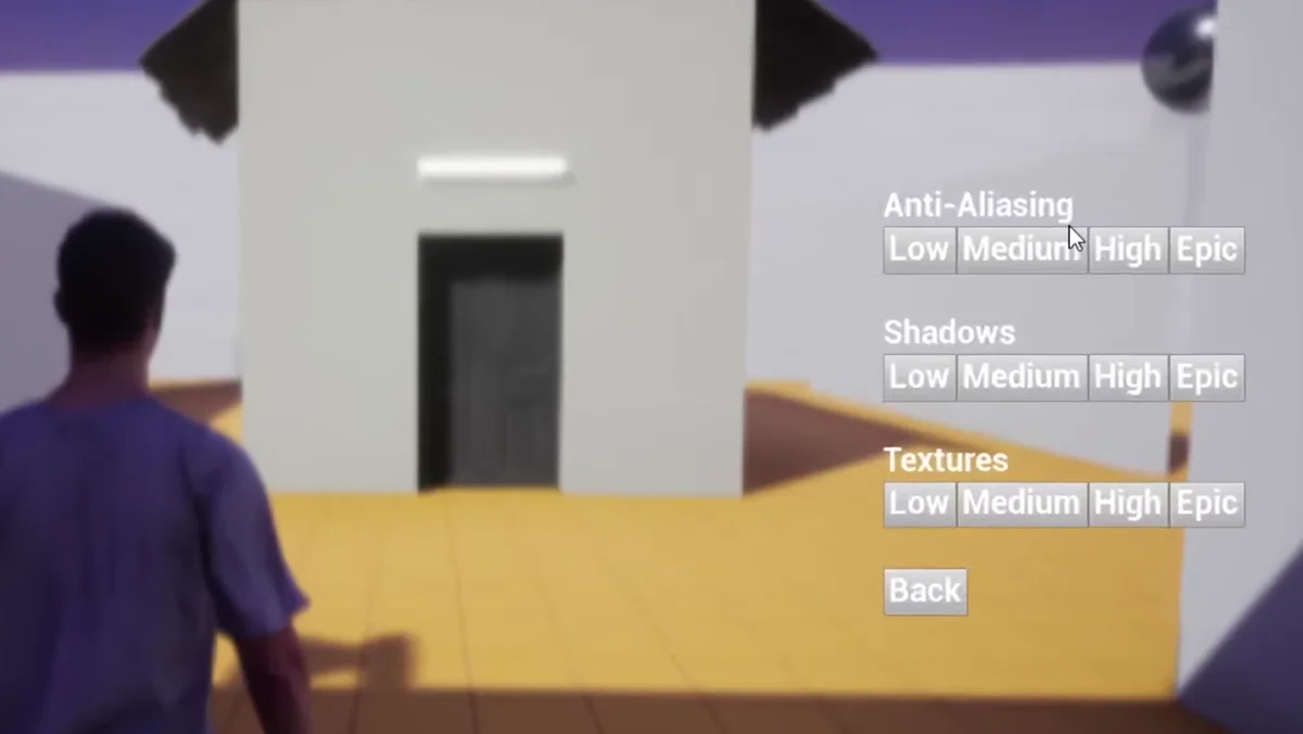 Menu do mini game com opcoes graficas na Unreal Engine 4