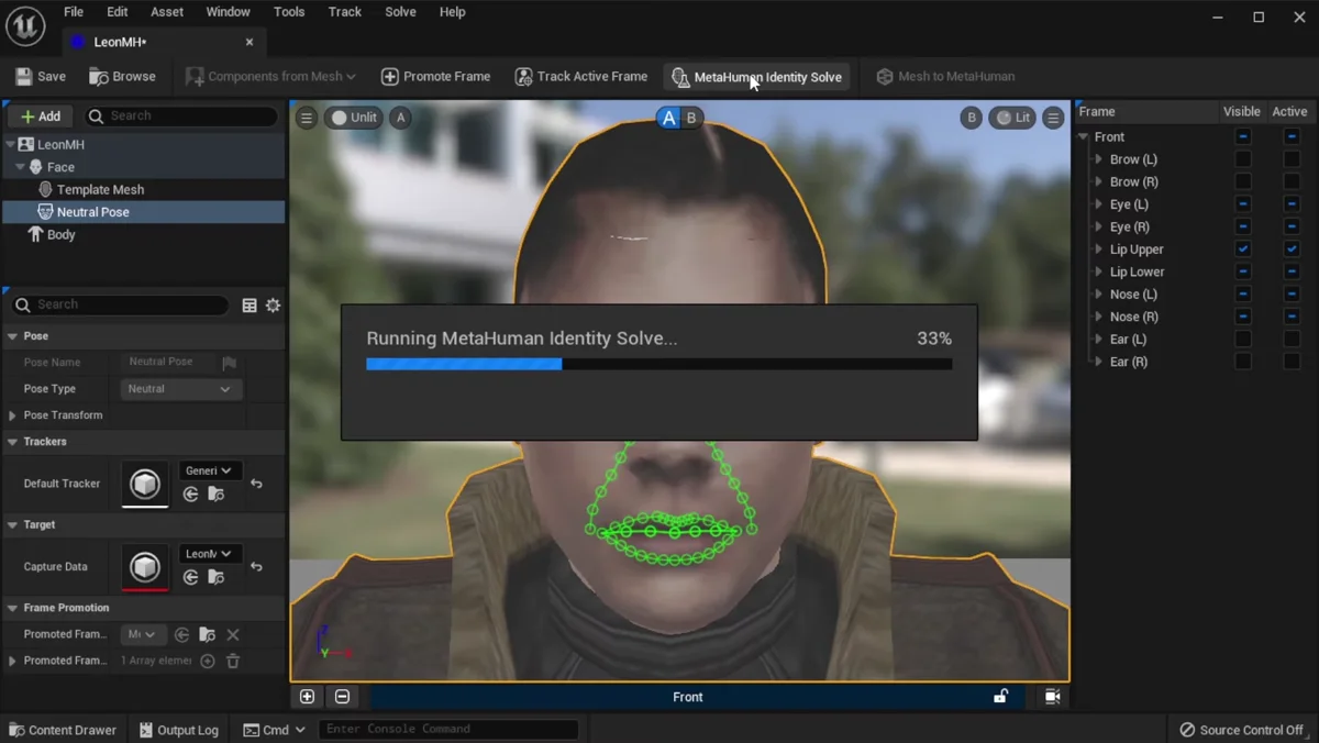 Identidade MetaHuman gerada a partir do rosto do Leon na Unreal Engine