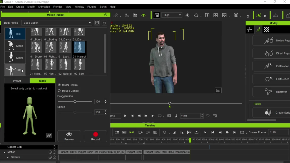 Painel Motion Puppet configurando animação corporal para uso na Unreal Engine