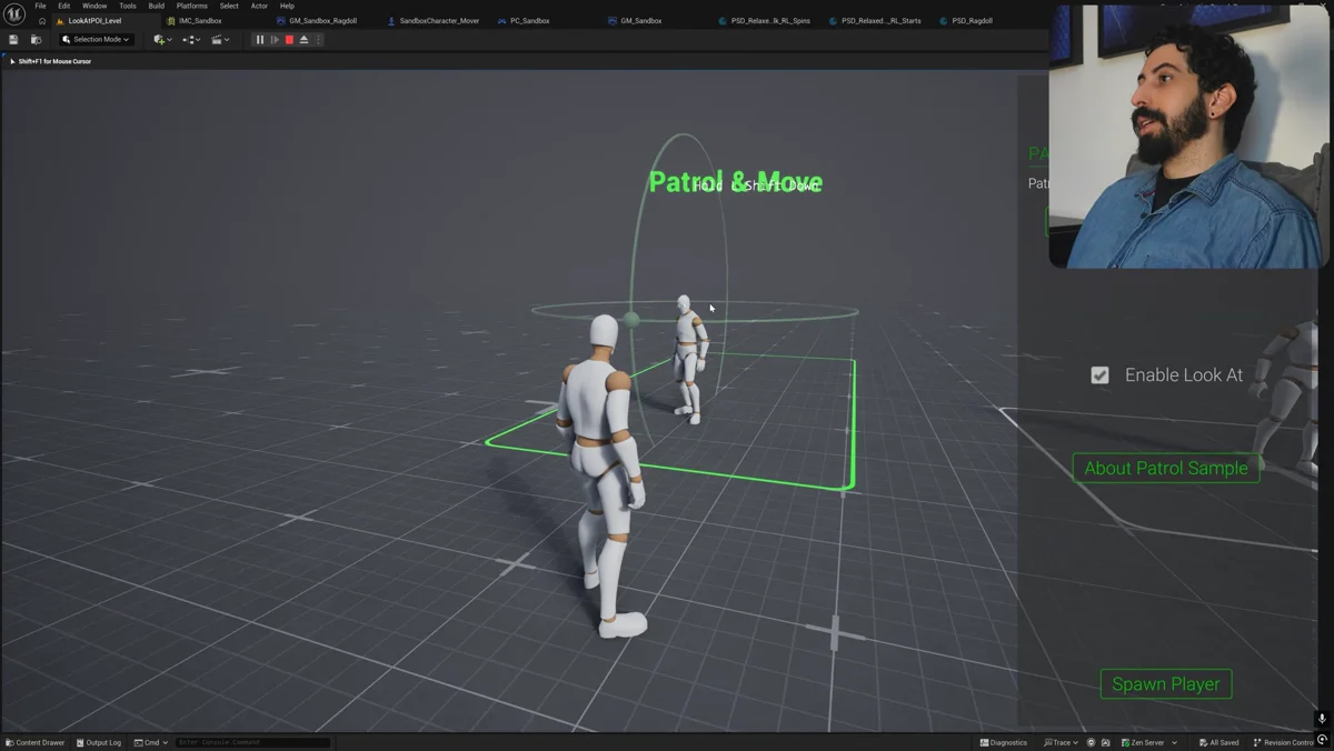 Personagem usando patrulha, orientacao de olhar e gestos na Unreal Engine