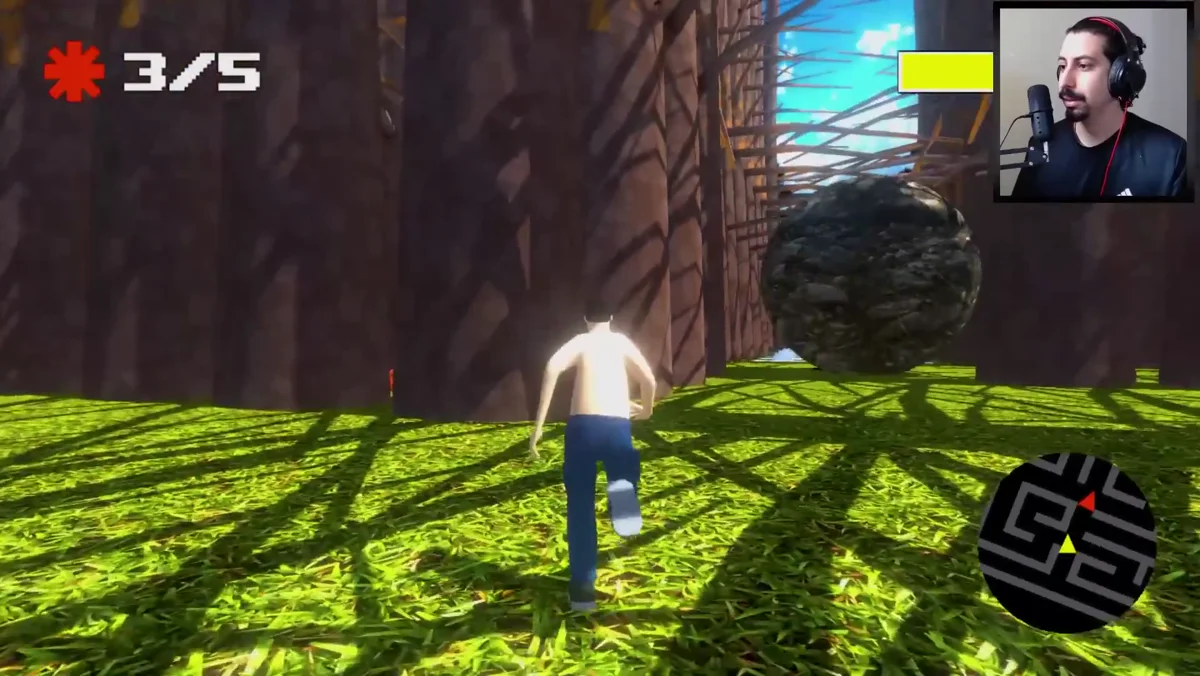 Pedra gigante em movimento durante fase com mapa e obstaculos