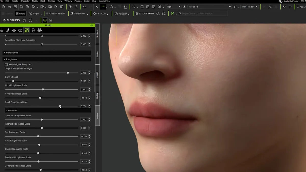 Detalhes de pele e olhos renderizados com iluminação realista