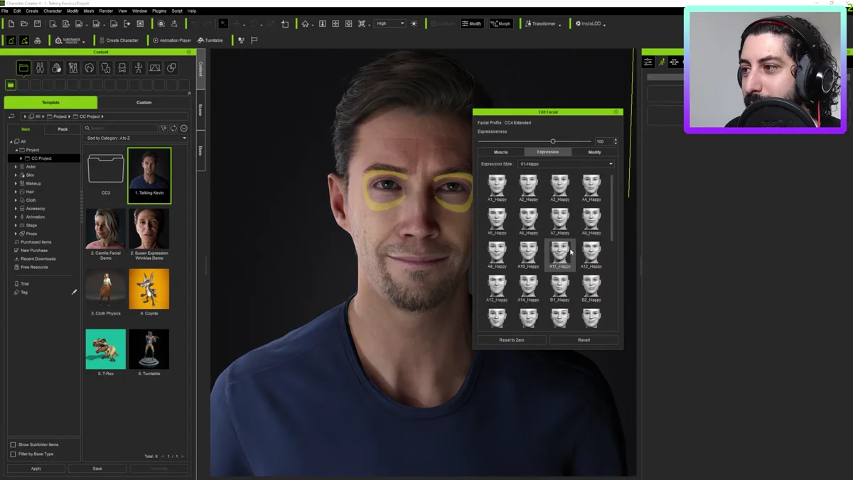 Editor facial com controles de Morph Targets no personagem