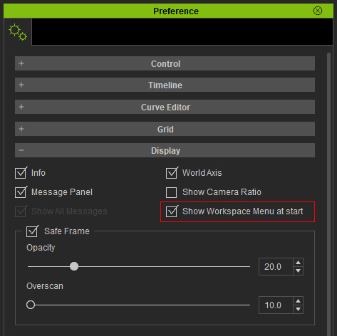 Preferências do iClone com a opção Show Workspace Menu at Start marcada