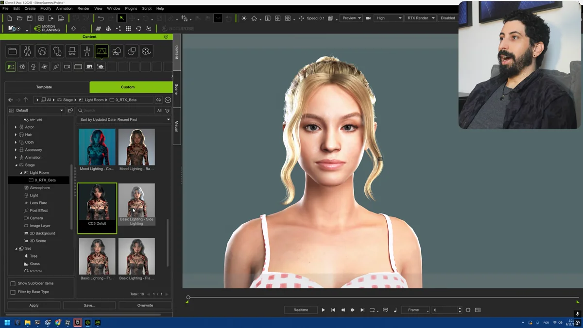 Comparação de personagem 3D com iluminação por Ray Tracing no iClone 8