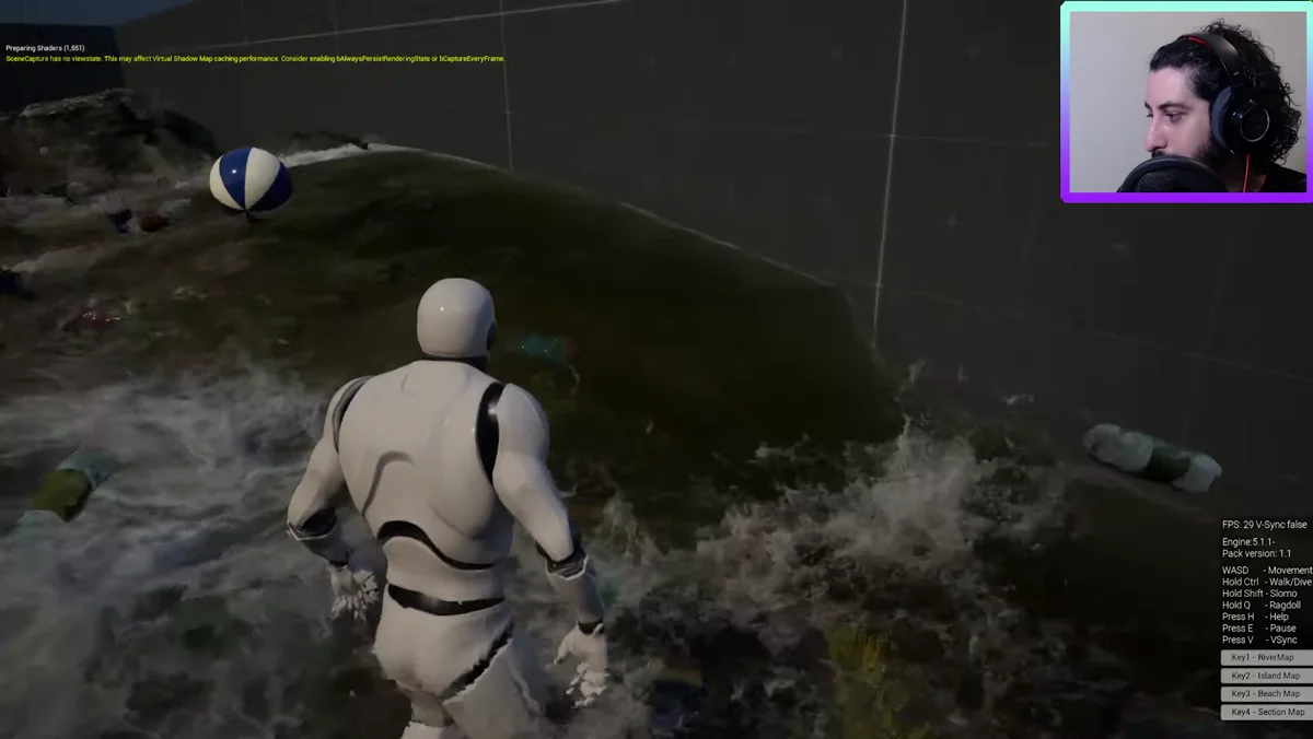 Personagem em ragdoll sendo levado por água em mapa de rio