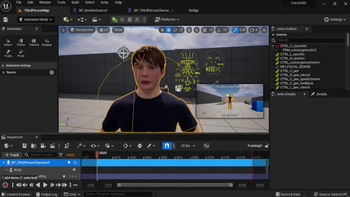 Controles faciais do MetaHuman no Sequencer da Unreal Engine